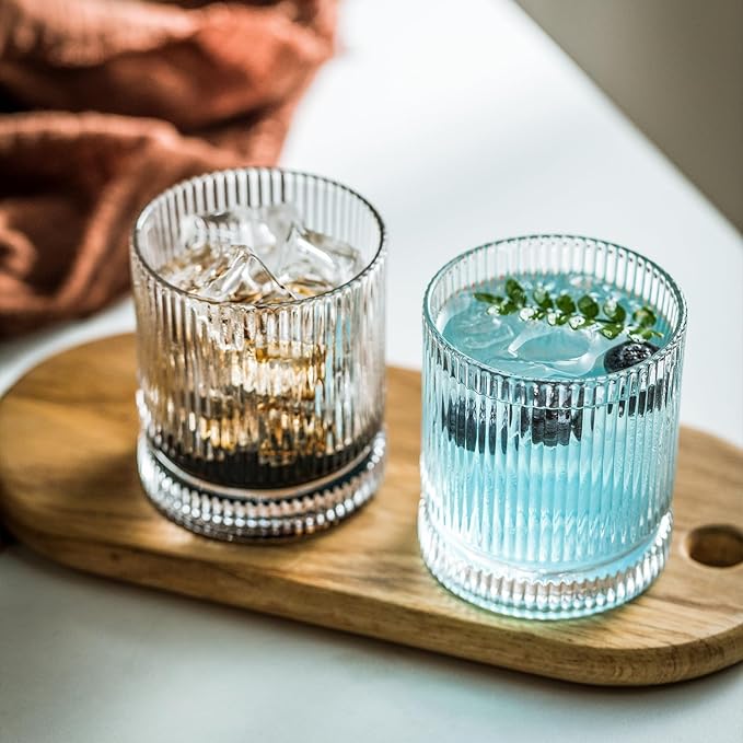 KEMORELA Ribbed Glassware Set of, Origami Style 16 Oz XL Drinking Glasses with Straws, Vintage Glassware Set - Glass Cups, Iced Coffee Cups Perfect for Cocktails, Smoothies, Juice, Beer (8Pcs)