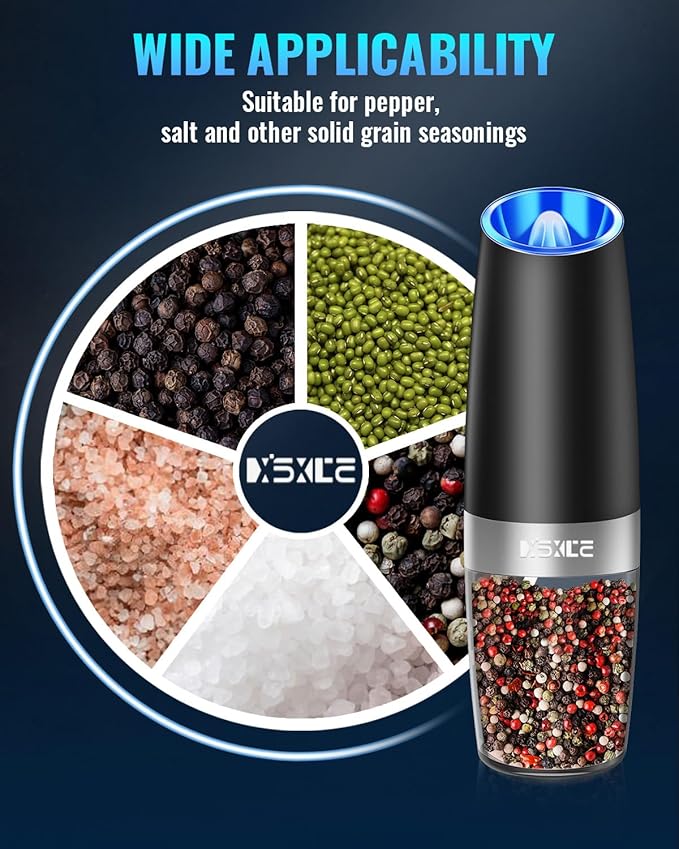 Gravity Electric Pepper/Salt Grinder, Salt or Pepper Mill & Adjustable Coarseness, Battery Powered with LED Light, One Hand Automatic Operation - Single/Black