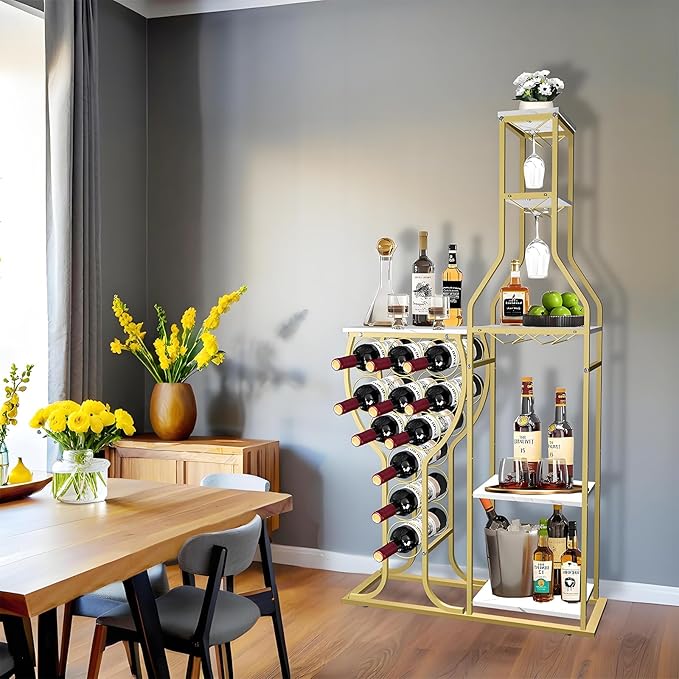 5-Tier Wine Rack Freestanding Floor, 11 Bottles Modern Wooden Wine Holder-Storage Cabinet for Home Bar, Kitchen, Dining Room Space Saving Bar Stand with Easy Assembly.(Gold/White)