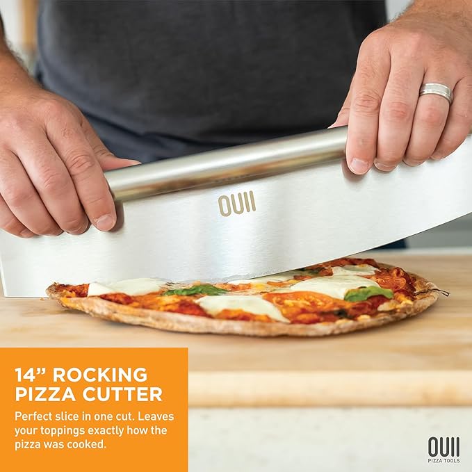 Perforated Pizza Peel 12 x 14 Inch. Paddle Spatula with Foldable Handle - Pizza Cutter Rocker 14'' Blade. Pizza Stone Oven Accessories and Chopper Knife Tools