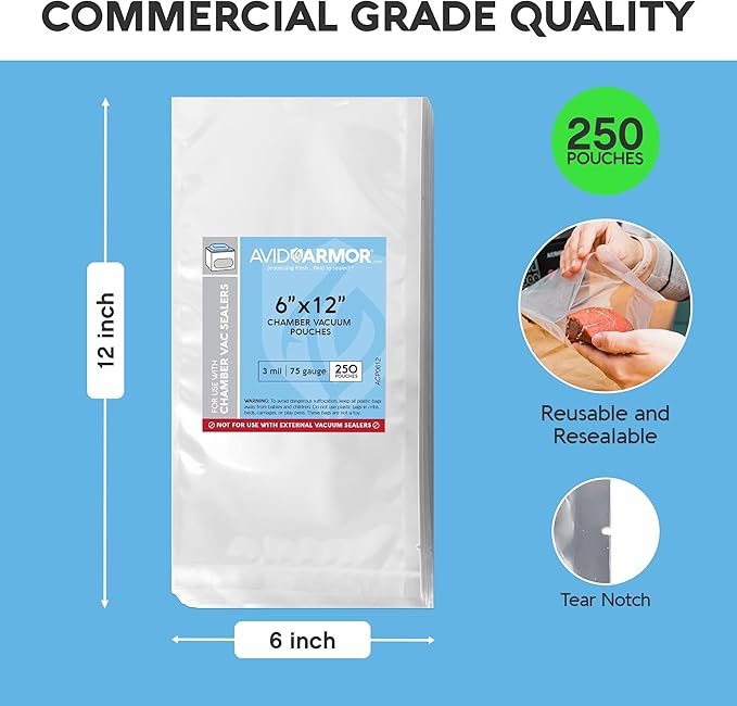 Avid Armor Chamber Vacuum Sealer Bags – Heavy Duty, BPA-Free, Pre-Cut Chamber Vacuum Bags for Food Preservation, Freezer Storage, Sous Vide and more, 1000/Pack (6x12) – Multi-Use Vacuum Bags