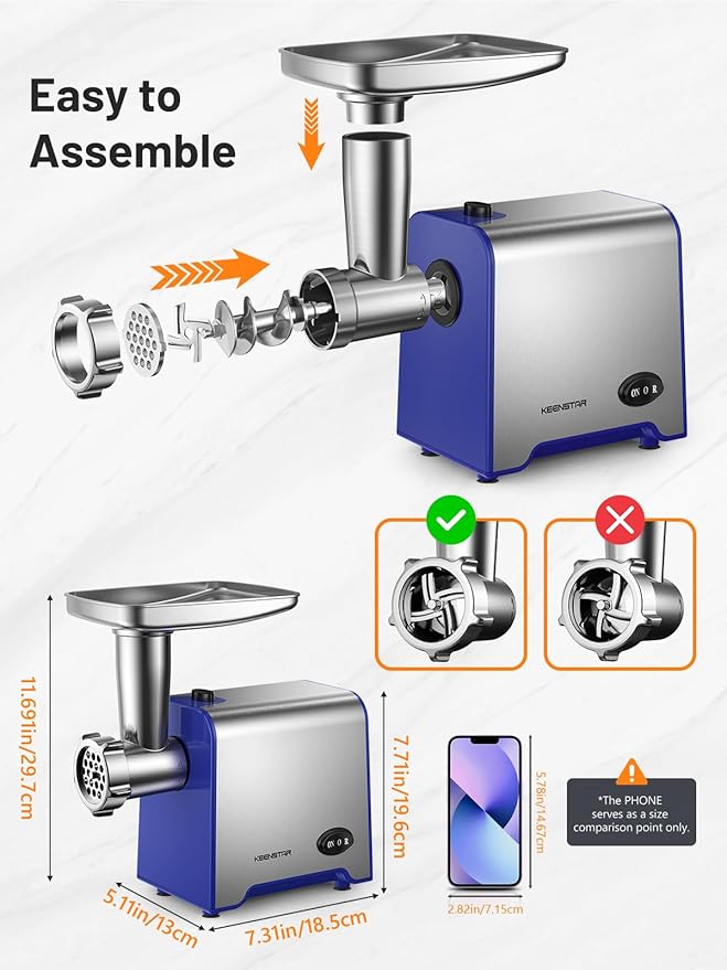 Electric Meat Grinder, Sausage Stuffer Maker 450W Food Grinder with Blade & 3 Plates, Sausage Stuffer Tubes & Kubbe Kit, Stainless Steel Meat Mincer Machine for Home Kitchen Use (Blue)