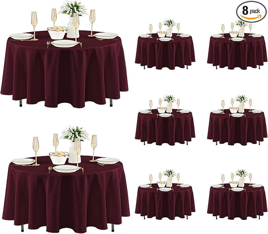 Fitable 8 Pack Round Tablecloths: Stain Resistant Wrinkle Free Circle Table Clothes, Washable Reusable Polyester Table Covers for Wedding Party Birthday Banquet Reception(Burgundy, 84 Inch)