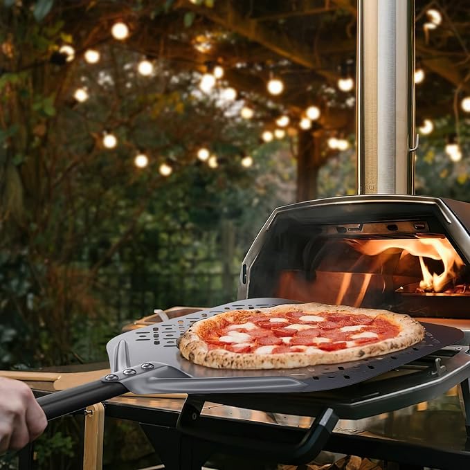 12 Inch + 9 Inch Pizza Peel Set, Perforated Pizza Turning Peel, 12" x 14" Professional Aluminum Pizza Paddle for Homemade Pizza, Pizza Oven Accessories