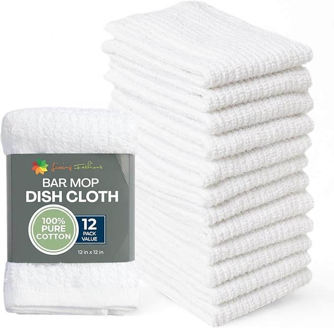 Living Fashions Bar Mop Cleaning Kitchen Dish Cloth Towels,100% Cotton, Machine Washable, Everyday Kitchen Basic Utility Bar Mop Dishcloth Set of 12, White