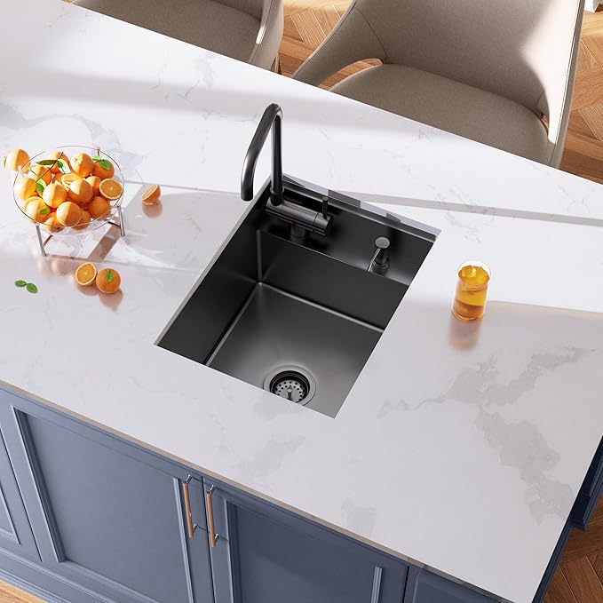 15x20 Inch Black Hidden Concealed Undermount Bar Sink with Folding Faucet, Hausinluck Stainless Steel Workstation Bar Outdoor RV Sink, 16 Gauge Small Bar Single Bowl Sink for Wet Bar Prep