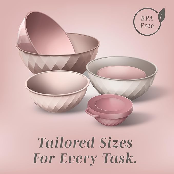 COOK WITH COLOR Mixing Bowls with Lids - 12 Piece Plastic Nesting Bowls Set includes 6 Prep Bowls and 6 Lids, Diamond Design - Microwave Safe, Pink