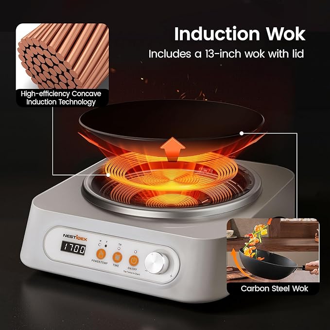 Induction Wok, 1700w Portable Electric Woks Single Burner Electric Cooktop Induction Heater With 13-inch Carbon Steel Wok