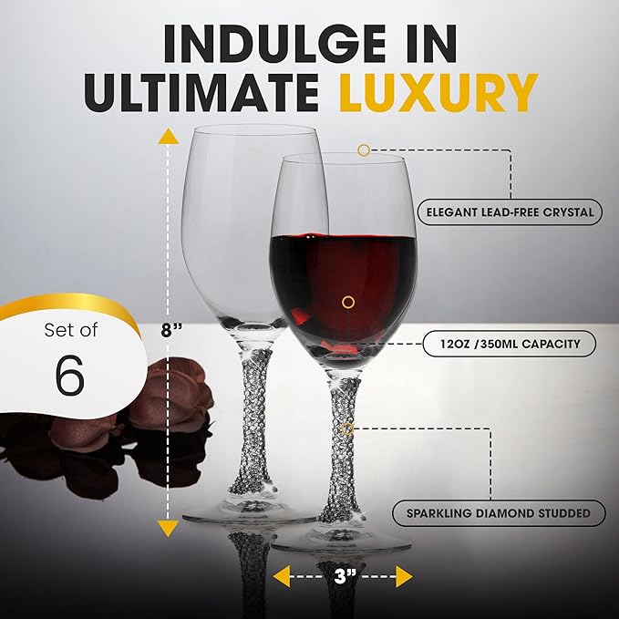 Premium Wine Glasses Set of 6 - Crystal Long Stem Wine Glass with Silver Rhinestone Stem Design - 12 oz
