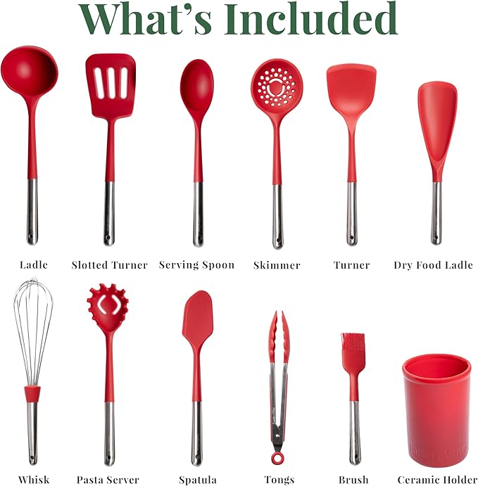 Larder & Vine 12-Piece Silicone Kitchen Cooking Utensils Set with Stainless Steel Handle and Ceramic Holder, Dishwasher Safe Set of Kitchen Essentials (Cabernet)