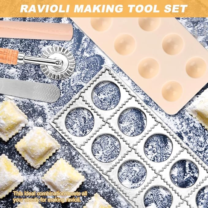 Ravioli Mold Set Include Ravioli Stamp Roller Wheel Wood Rolling Pin Pasta Making Tools Kit Pelmeni Mold Pierogi Press Maker Press Cutter, for home and restaurant