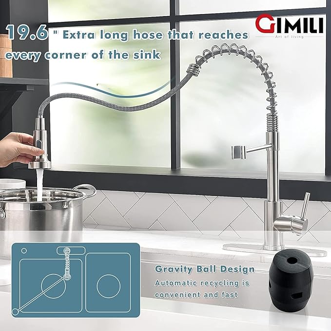 GIMILI Kitchen Faucet with Soap Dispenser, Commercial Single Handle Spring Brushed Nickel Pull Out Kitchen Sink Faucets with Pull Down Sprayer
