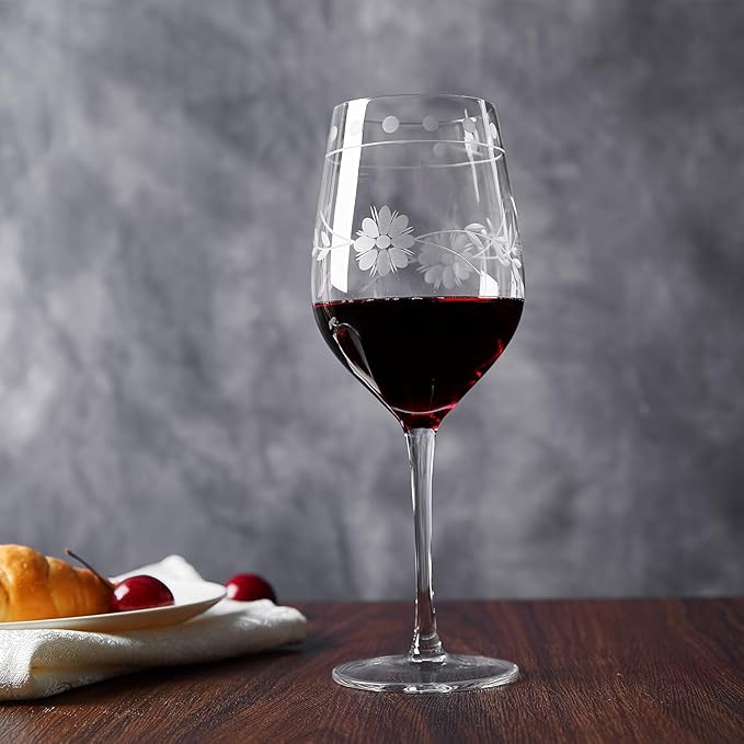 Premium Delight Wine Glasses Set of 4,15 oz – Hand-Blown with Etched Long Stem, Classic Glassware for Weddings, Dinners, and Holiday Gifting (Red Wine Glass)