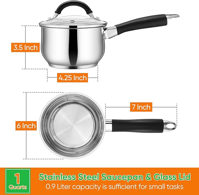 P&P CHEF 1 Quart Sauce Pan with Lid, Stainless Steel Saucepan, Small Milk Pot for Multipurpose Cooking, Visible Glass Lid & Stay-cool Silicone Handle & Tri-Ply Base, For All Stoves & Dishwasher Use