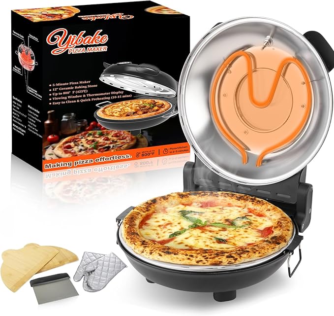 Electric Pizza Maker, 12 Inch Countertop Pizza Oven with Pizza Stone, 1200W Indoor Italian Style Pizza Cooker, Dual Heating with Independent Temperature Control, Heats Up to 800°F, Black