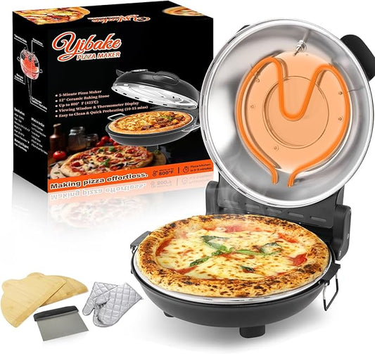 Electric Pizza Maker, 12 Inch Countertop Pizza Oven with Pizza Stone, 1200W Indoor Italian Style Pizza Cooker, Dual Heating with Independent Temperature Control, Heats Up to 800°F, Black