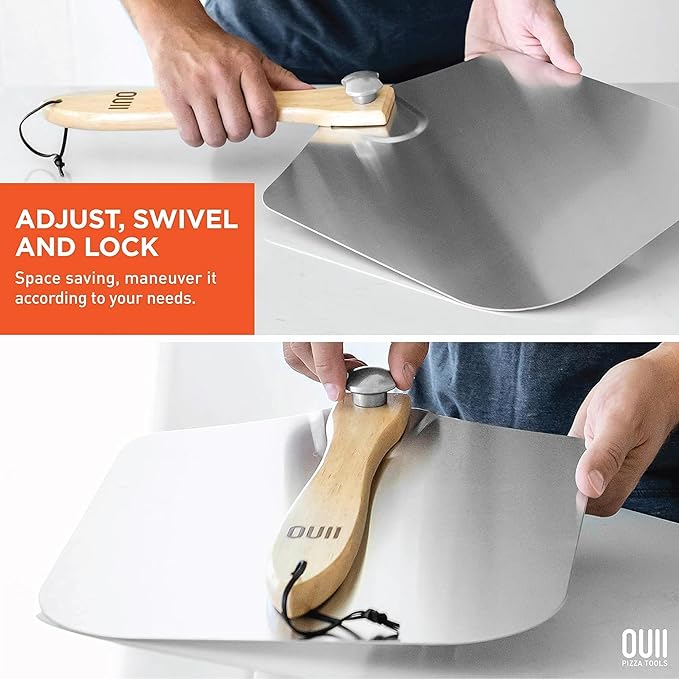Pizza Peel - 16 x 14-inch Aluminum Metal Spatula Paddle for Extra Large Pizzas. Foldable Wood Handle for Easy Storage, Pizza Oven Accessories. Premium Tool for Baking Homemade Pizza Bread.