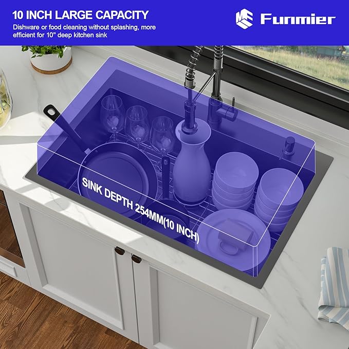 33 x 22 Drop In Kitchen Sink - Funmier 33 Inch Gunmetal Black Stainless Steel Topmount Kitchen Sink Single Bowl 16 Gauge Handmade 10" Deep Basin