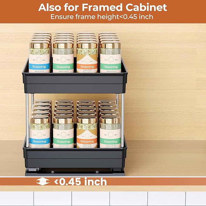 Pull Out Spice Rack Organizer for Cabinet, Slide Out Spice Racks Organizer, Easy to Install Spice Cabinet Organizers, 8.26''Wx10.6''Dx8.7''H, 2 Pack-2 Tier(Black)