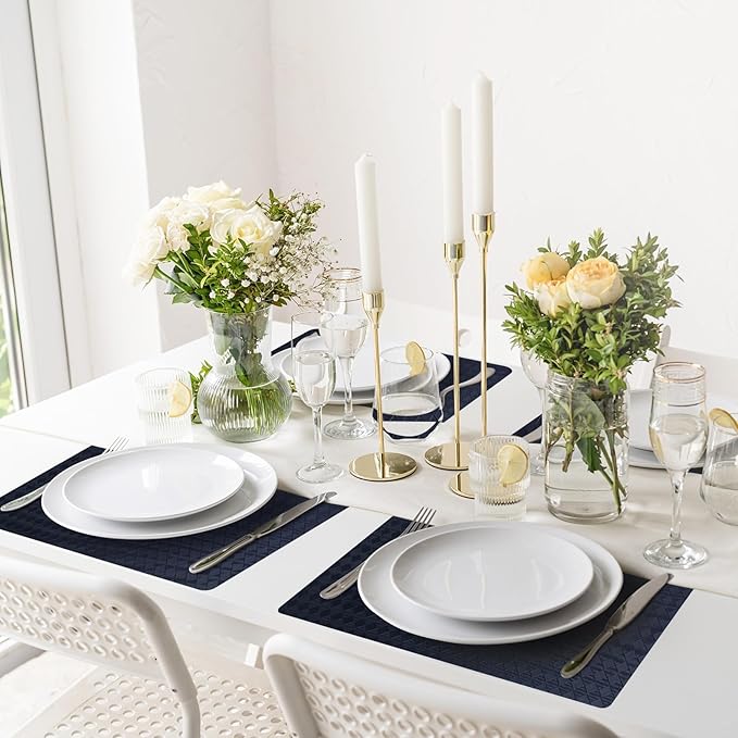 Vinyl Placemats Set of 6-12×17.7 Inch Waterproof & Heattable Placemats, Fall Faux Leather Wipeable Outdoor Table Mat for Dining, Kitchen, Indoor Outdoor Use (Dark Blue, Diamond Pattern)