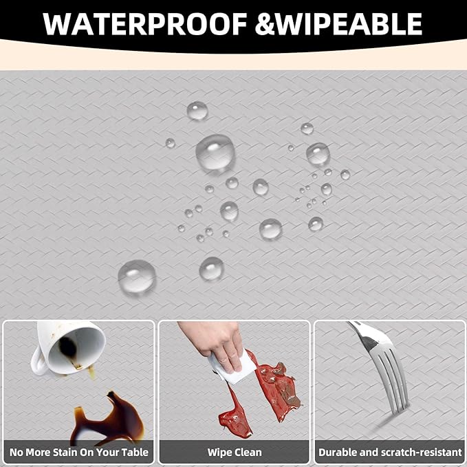 Vinyl Placemats Set of 6-12×17.7 Inch Waterproof & Heattable Placemats, Fall Faux Leather Wipeable Outdoor Table Mat for Dining, Kitchen, Indoor Outdoor Use (Grayish White, Cable Pattern)