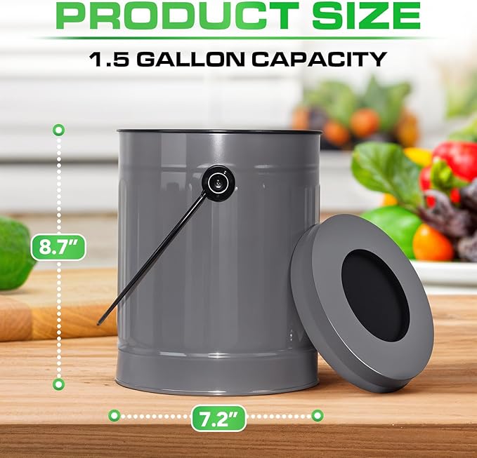 Plexon Countertop Compost Bin Kitchen with Lid, Gray 1.5 Gallon Odorless Container, Steel Food Compost Bucket for Kitchen with Charcoal Filter, Compost Pail for Countertop
