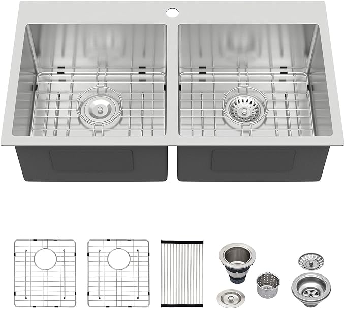 Logmey 32 Inch Drop In Double Bowl Sink - 32x18 Inches Handmade Stainless Steel Doble Sink 16 Gauge 50/50 Double Bowl Kitchen Sink 32x18x9 Inches Topmount Sinks