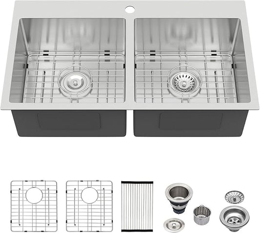Logmey 32 Inch Drop In Double Bowl Sink - 32x18 Inches Handmade Stainless Steel Doble Sink 16 Gauge 50/50 Double Bowl Kitchen Sink 32x18x9 Inches Topmount Sinks