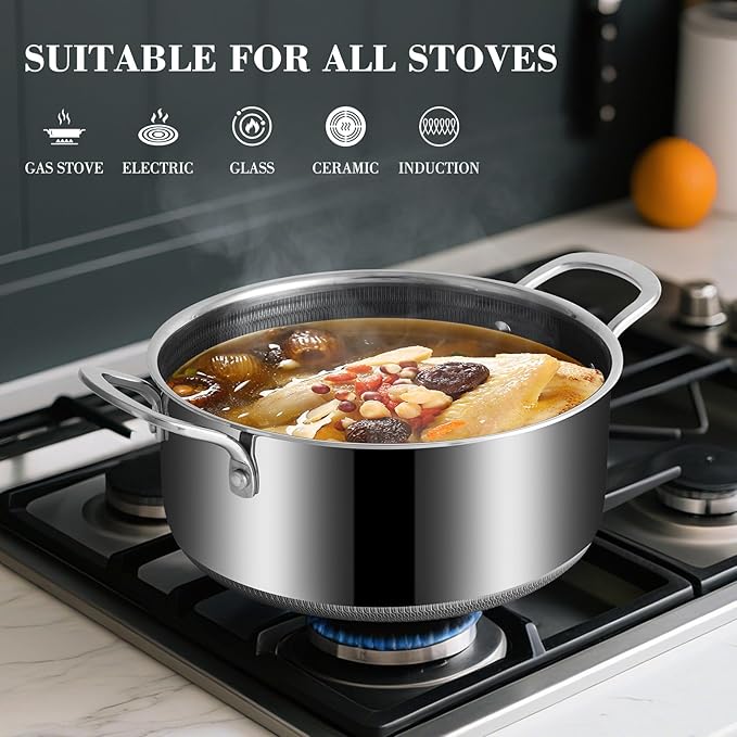 Tri-Ply Stainless Steel Stock Pot, 5 Quart Pot with Lid - Non Stick Pots -Induction Ready, Cooking Pots with Lids, Cool Handles, Dishwasher (Stainless Steel, 5.2QT)