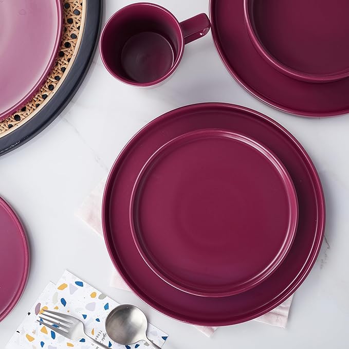 Stone Lain Cleo Stoneware 32-piece Round Dinnerware Set, Magenta,Service For 8,Coupe - Celina