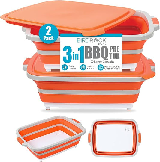 BIRDROCK HOME 2-pack Collapsible BBQ Prep Tub w/Cutting Board, Multi-Function Grill Caddy w/Colander & Lid, Portable Silicone Dish Bowl for Picnic, Tailgate, Camping (Orange, X-Large)
