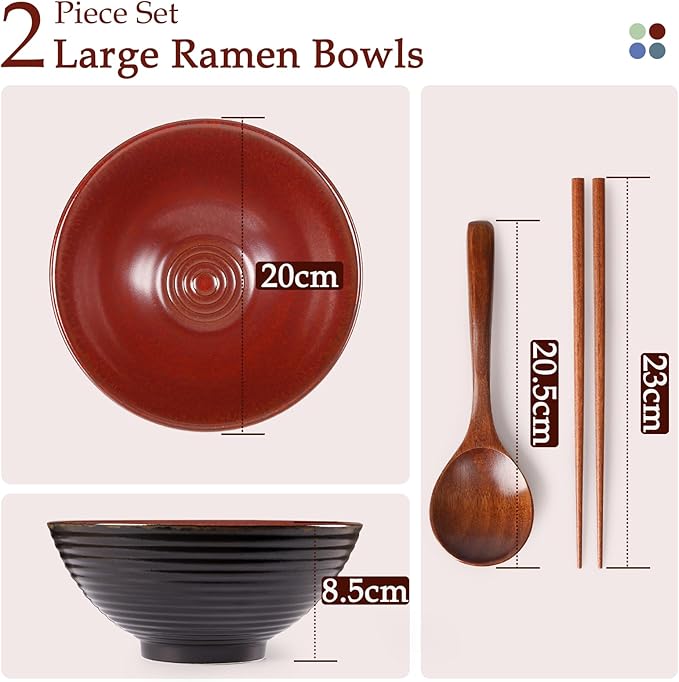 NUTRIUPS 8 Inch Ceramic Ramen Bowl Set of 2 Pho Bowls 40oz Japanese Noodle Udon Soup Bowls with Spoons and Chopsticks (Rusty Red Brown)