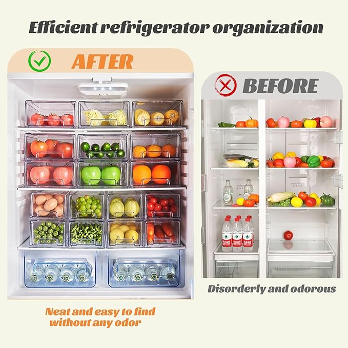 PeJeyiee 4 Pack Clear Stackable Refrigerator Organizers and Storage Drawers - Pull-Out Fridge Bins with Anti-Slip Base & Easy Clean, Plastic Organizers for Kitchen Pantry Cabinet Closet (Large)
