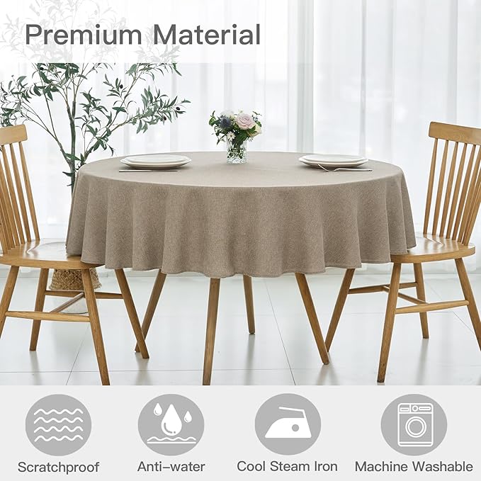 maxmill Round Linen Textured Tablecloth Spill-Proof Stainproof Wrinkle Free Washable Fabric Table Cloth for Circular Table Cover, Dining Room Buffet Banquet Parties Holiday Dinner, 70 Inch Mocha