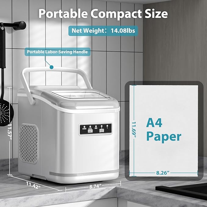 Countertop Ice Maker Machine, Portable Compact Small Bullet Ice Maker with Self Cleaning Function Makes 9 Cubes in 6 Minutes, Up to 26lbs in 24 Hours, Ideal for Camping Dorm Home Outdoor Use (White)