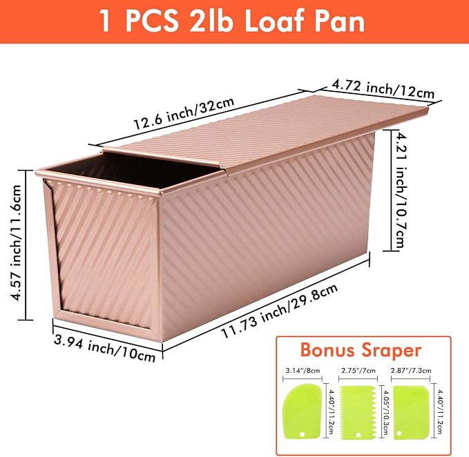 Beasea 2lb Pullman Loaf Pan with Lid, 1 Pack 12x4inch Large Bread Loaf Pans Carbon Steel Toast Box with Dough Scraper Set for Homemade Bread Bakeware Oven Baking - Rose Gold