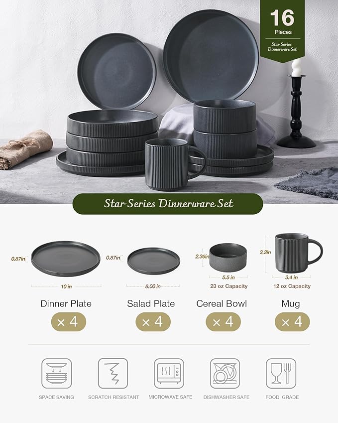 Famiware Star Dinnerware Set with Mugs, Service for 4 (16pcs), Ribbed Stoneware Plates and Bowls Dishes Sets - Chip & Scratch Resistant, Microwave & Dishwasher Safe, Matte Dark Charcoal