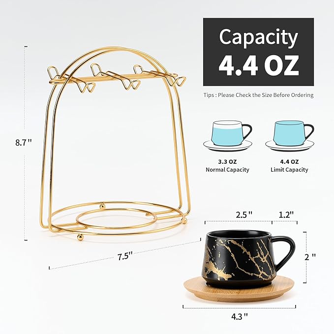 LUKA Ceramic Espresso Cups with Saucers and Metal Stand, Small 4 oz Porcelain Demitasse Cups Set of 6, Cute Cappuccino Coffee Cups for Double Espresso, Tea, Marbling Black