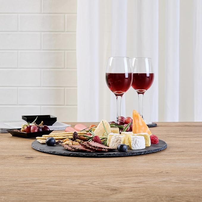 Restaurantware Slate Serving Trays 4 Pack of 11.81" Foam Feet Charcuterie Stone Plates Rustic Edges Freezable Black Square Serving Display Cheese Boards for Kitchen, Gourmet, Dining, Parties