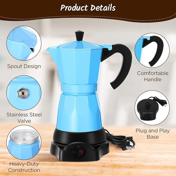 Coffee Pot 6 Cup Electric Espresso Coffee Maker Italian Moka Maker 300ml Portable Aluminum Espresso Machine Cafetera Moka Pot with Detachable Base, Gift for Home Travel(Blue)