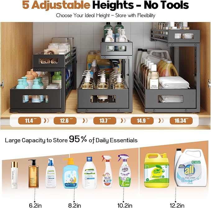 2-Pack 20.47"Deep Under Sink Organizer And Storage,2-Tier L-Shaped Pull Out Cabinet Organizer with Upgraded Slide Rails,Height Adjustable Drawers for Kitchen&Bathroom,Extra-Large Storage Shelves–Black