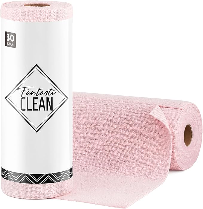 Fantasticlean Microfiber Cleaning Cloth Roll -30 Pack, Tear Away Microfiber Towels, 12" x 12", Reusable, Washable, Scratch Free, Ultra Absorbent Dishcloth for Car, Home Supplies, Pet, Kitchen (Pink)