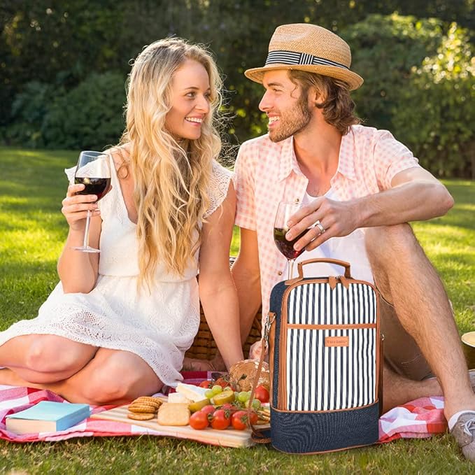 Tirrinia Insulated 2 Bottle Wine Gift Tote Bag - Tumbler Glass Cooler Carrier for BYOB Restaurants, Tasting, Travel, Park, Beach - Great Wine Lover Gift, Denim Stripe