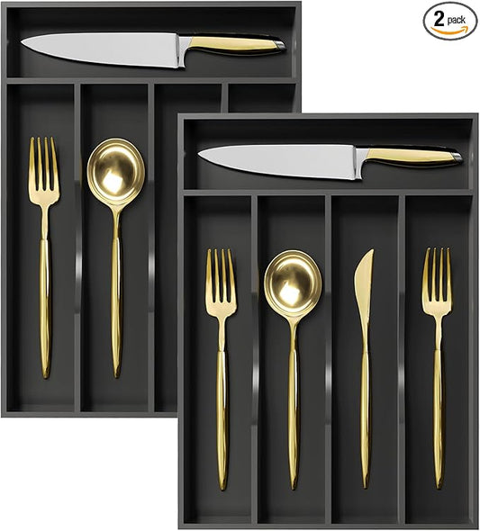 Greenual 2 Pack Black Silverware Organizer 10 In Utensil Organizer Silverware Tray for Drawer Cutlery Flatware Organizer for Kitchen Bamboo Wood