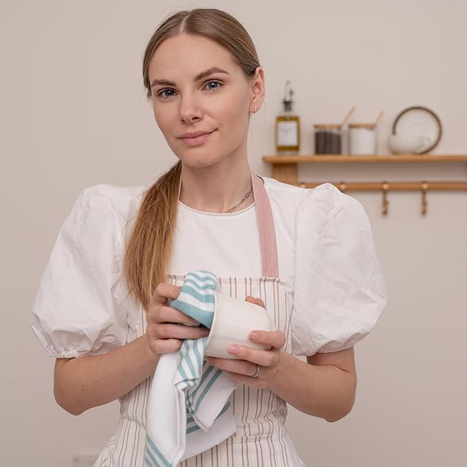 Aqua Stripes Cotton Kitchen Towels - 100% Cotton, 6 Pack, 30"x20", Absorbent, Lightweight, Lint-Free, Washable, Reusable and Quick-Dry Dish Towels with Hanging Loop (Aqua)