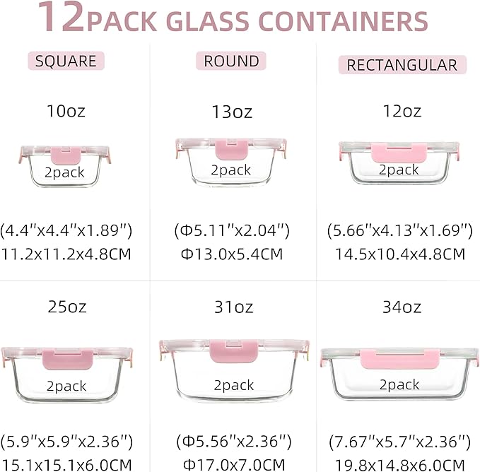 12 Pack Glass Storage Containers with Lids, Glass Meal Prep Containers Set, Airtight Food Storage Containers, Pink
