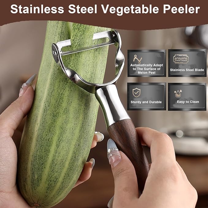 Premium Vegetable Peeler - Stainless Steel Serrated Y Potatoe Peeler for Veggie, Carrots, Apples - Ultra Sharp Swivel Blade Fruit Peeler with Ergonomic Natural Wood Handle