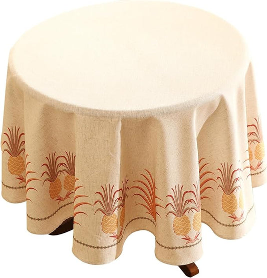 patdrea Designer Orange Tablecloth for Round Tables,Pineapple Tree Pattern Linen Tablecloth,Tropical Style Fruit Table Cover Cloth Decor for Kitchen Dining Christmas,Diameter 67"