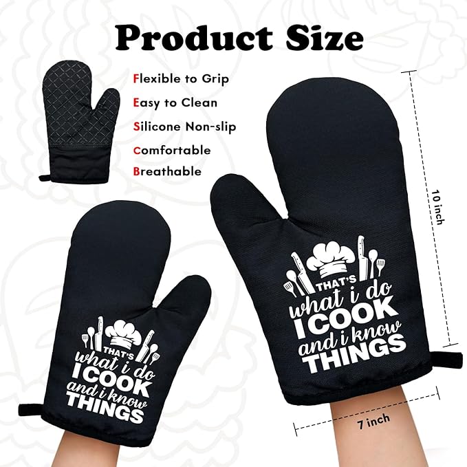 Funny Black Women Men Cooking and Baking BBQ Kitchen Gadgets with Heat Resistant Silicone Non-Slip, That's What I Do I Bake and I Know Things Oven Mitts Set of 2, Gifts for Bake Lover Mom Dad BBF