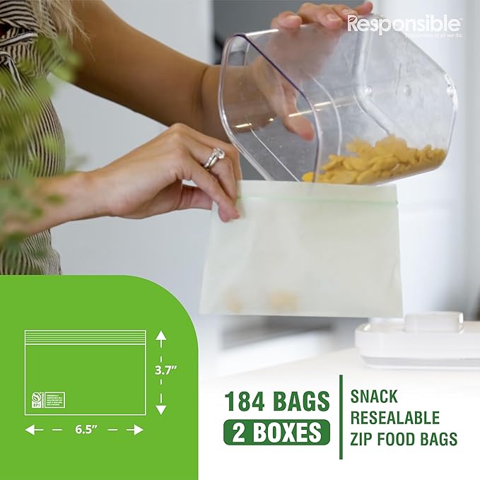 Certified Compostable SNACK Resealable Zip Bag, Extra Strength Food Bags, Plant-Based Freezer-Safe (184 Pack)